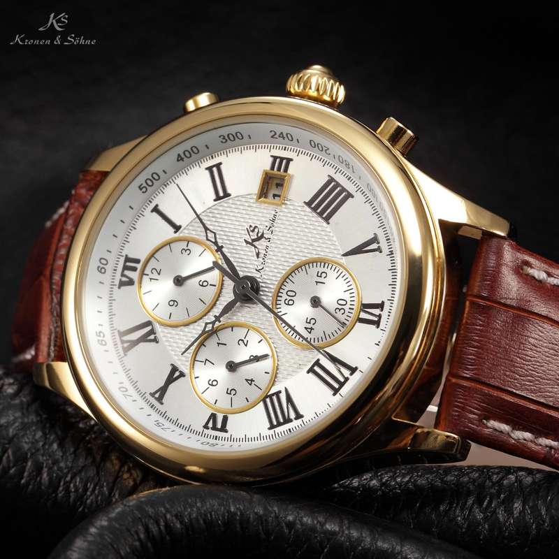 KRONEN & SOHNE JULES VERNE Classic Leather Chronograph AUTOMATICO Watch w/ BOX AND PAPERS