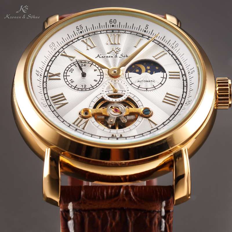 KRONEN & SOHNE Moonphase Skeleton Tourbillon Chrono Brown Leather Watch Brand new w/ BOX, PAPERS
