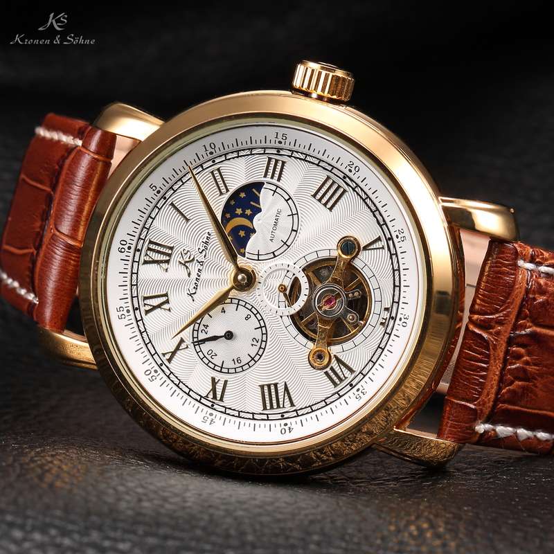 KRONEN & SOHNE Moonphase Skeleton Tourbillon Chrono Brown Leather Watch Brand new w/ BOX, PAPERS