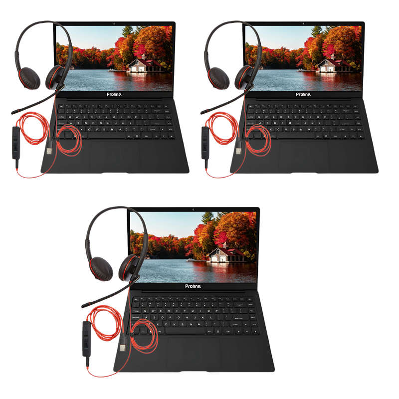 3x Proline V146BC Celeron 14.1" Laptops | 3x Plantronics Blackwire C3210 Headsets