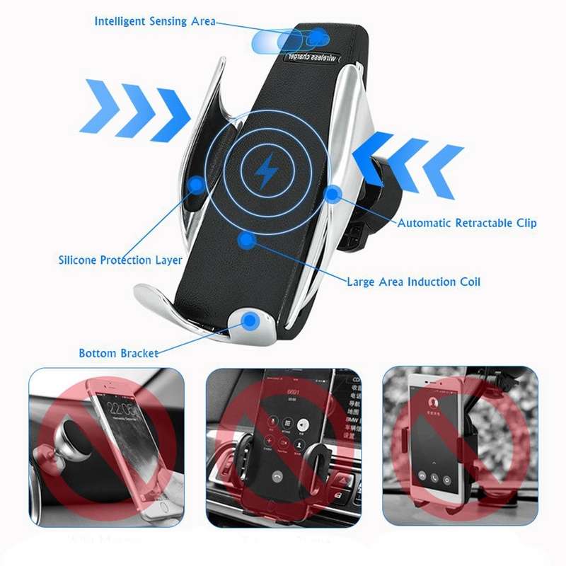 Smart Sensor Wireless Fast Charging Car Charger with 360 Rotation - Black