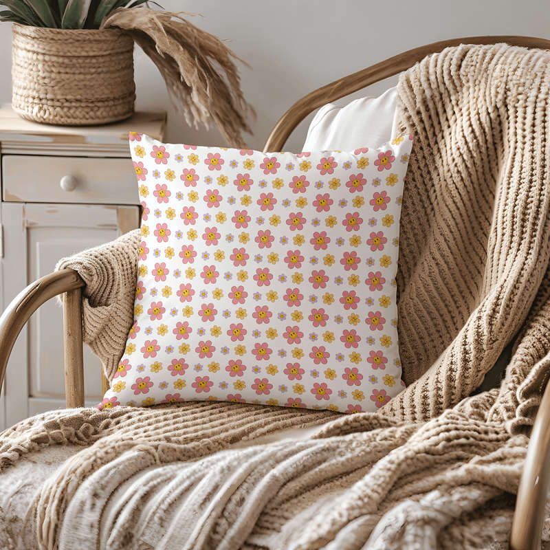 Retro Flower Smile Throw Pillow