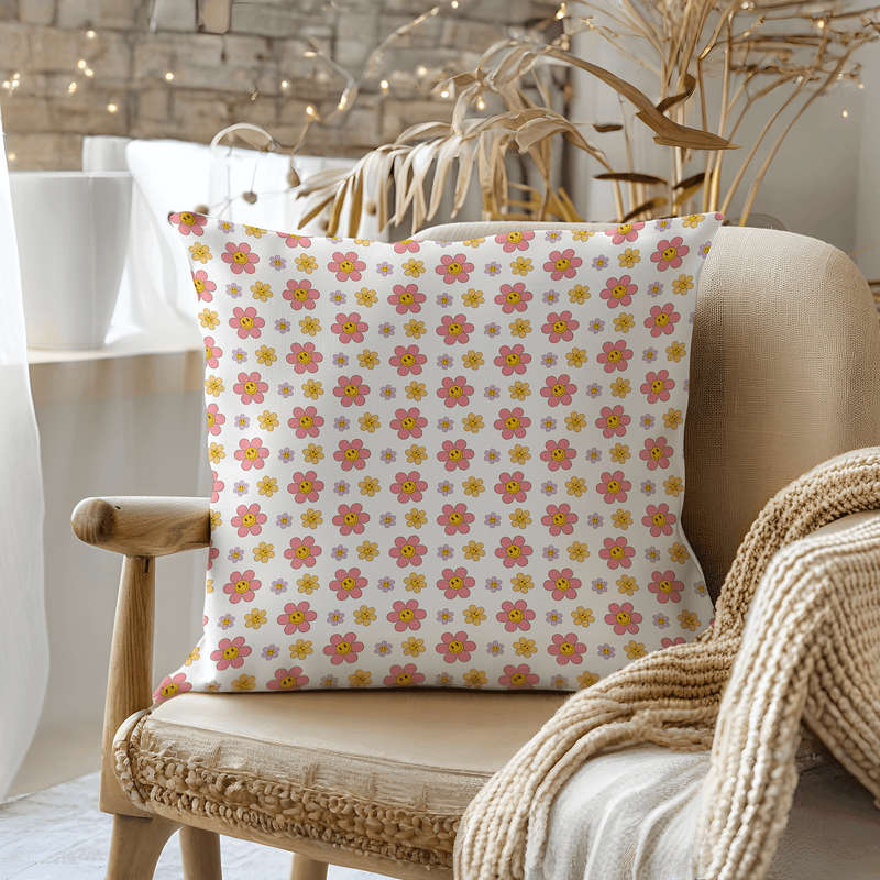 Retro Flower Smile Throw Pillow
