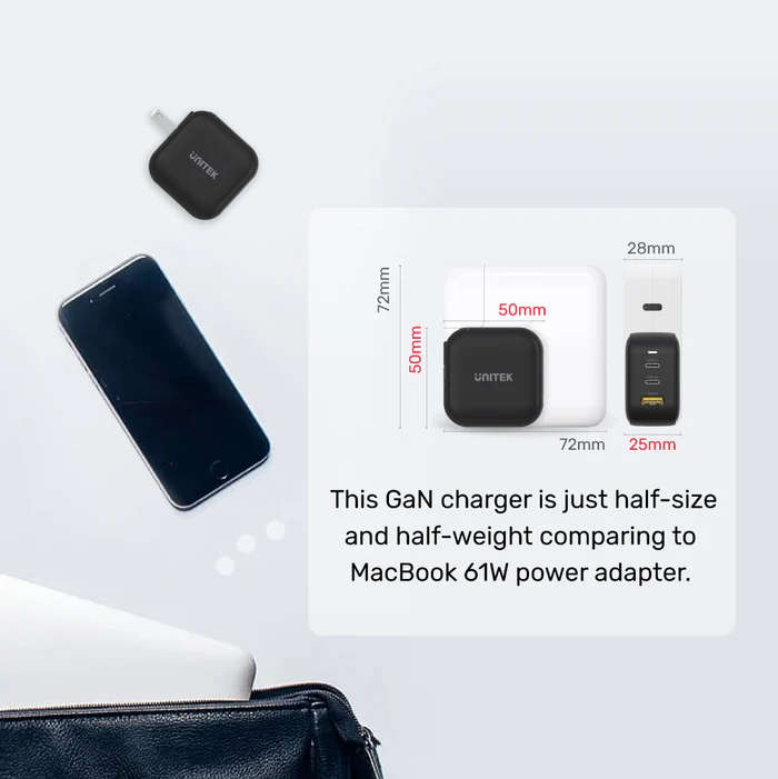 TRAVEL TRI GaN 3 Ports 66W Charger with USB PD and QC 3.0 in Black (Travel Charger)