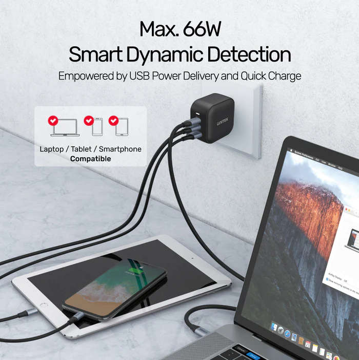 TRAVEL TRI GaN 3 Ports 66W Charger with USB PD and QC 3.0 in Black (Travel Charger)