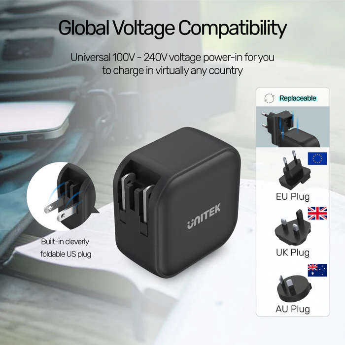TRAVEL TRI GaN 3 Ports 66W Charger with USB PD and QC 3.0 in Black (Travel Charger)