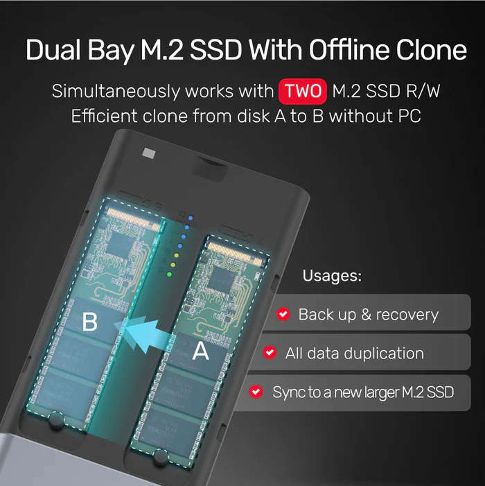 SolidForce USB-C to PCIe/NVMe M.2 SSD 20Gbps Dual Bay Enclosure with Offline Clone