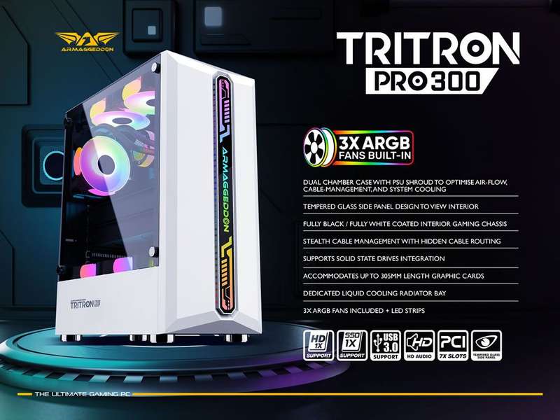 Armaggeddon Tritron Pro 300 ATX Gaming Case with 3x ARGB Fans - White