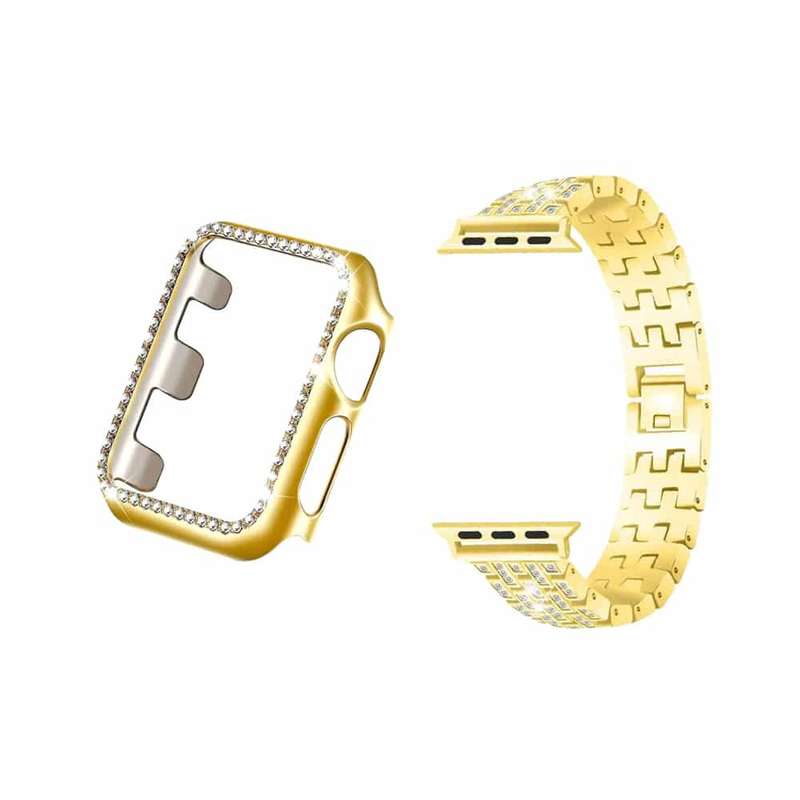 Killer Deals 38mm Apple Watch Rhinestone PC Shiny Protective Frame + stainless-steel strap - Gold
