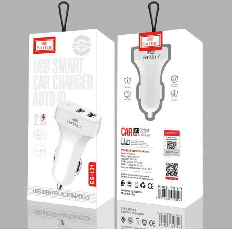 Earldom Portable USB Smart Fast Car Charger 2.1A With Lightning Cable 1m