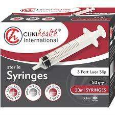 Syringe 20ml 3 Part L/Slip (50's)