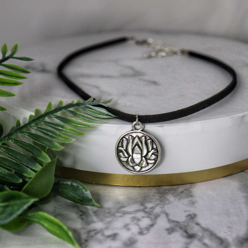 Engraved Lotus Flower Charm Suede Choker
