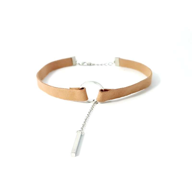 Circle Caramel Suede Choker with Bar Finish- Silver