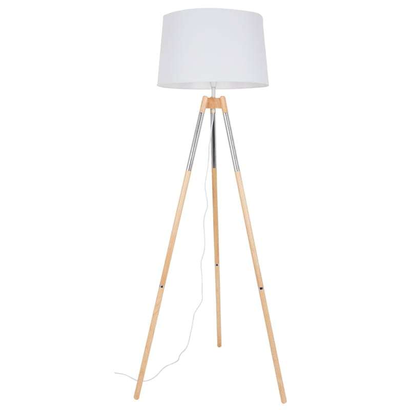 Wood and Polished Chrome Standing Lamp with White Fabric Shade | SL084