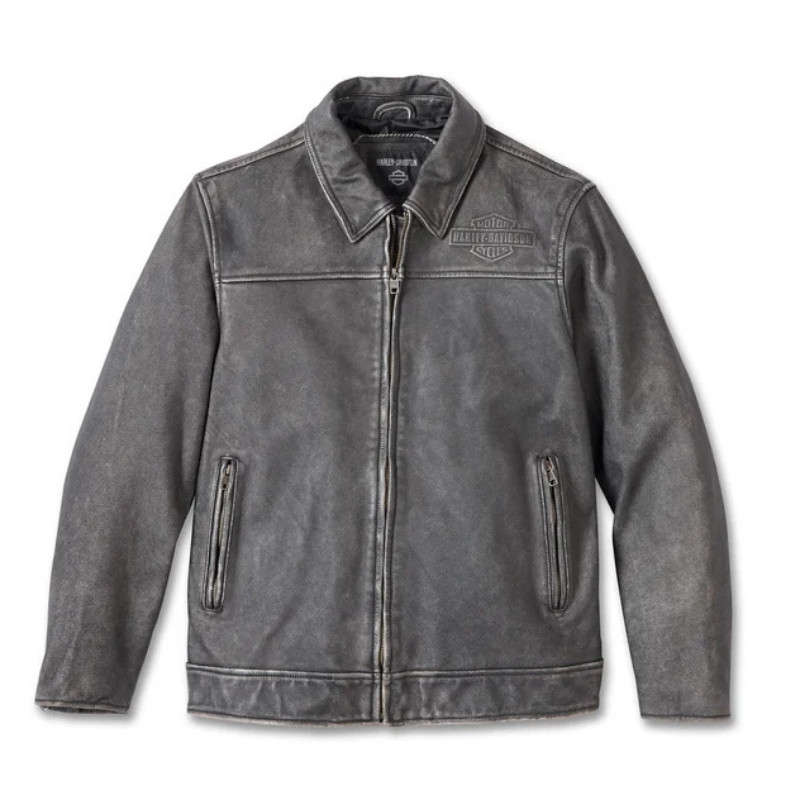 Men's Gas &amp; Oil Leather Jacket - Washed Black - 2XL
