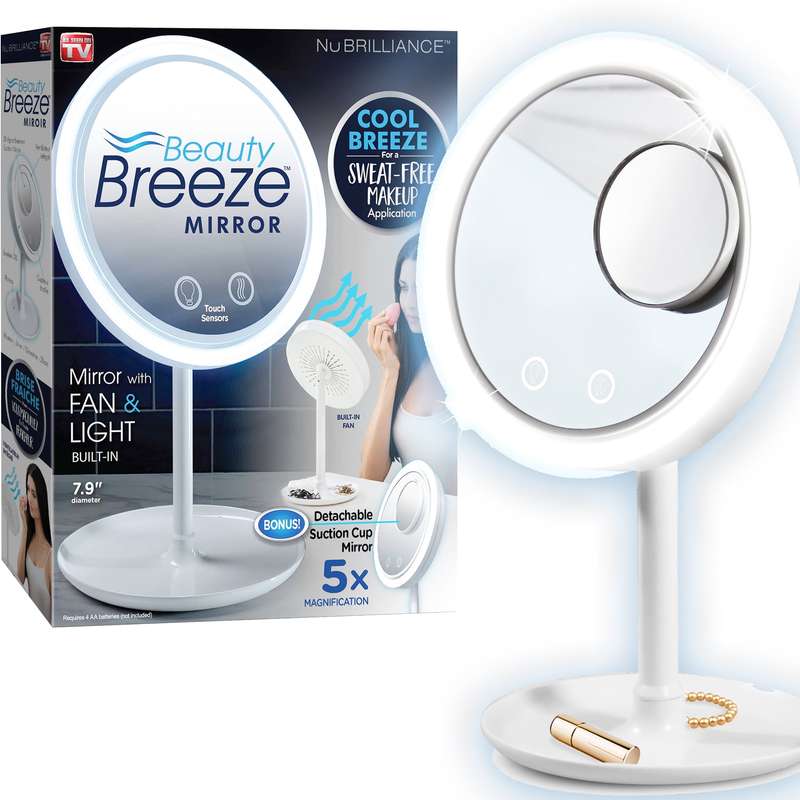 LED Fan Makeup Mirror with 5x Magnifier Touch Sensor Switch 3 In 1  - White | UNBOXED