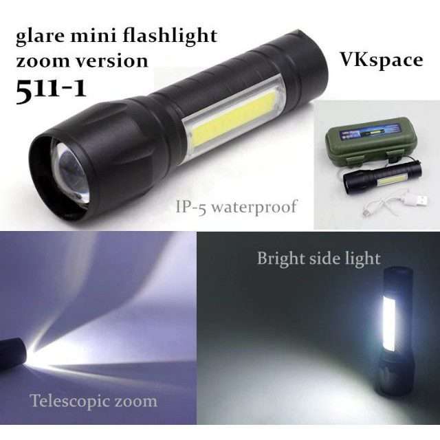 LED Flashlight Torch USB Rechargeable Built-in Battery Zoomable Function