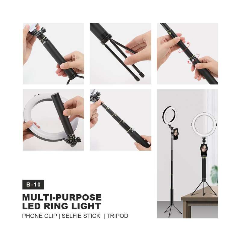 LED Ring Light with Phone Clip and Telescopic Selfie Stick + Tripod B10