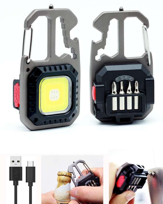 Rechargeable Cob Keychain Work Light Detachable Pocket Flashlight with Tool Kit + Bottle Opener