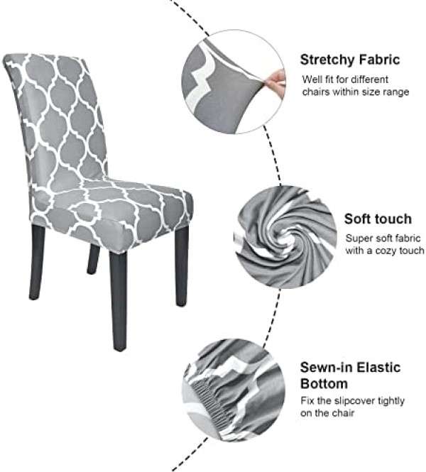 Stylish Elasticated Dining Room Chair Cover (Set of 2) | Moroccan Diamond Design | Grey/White