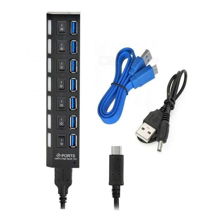 7 Ports USB 3.0 Hub with Independent Switch - Black colour