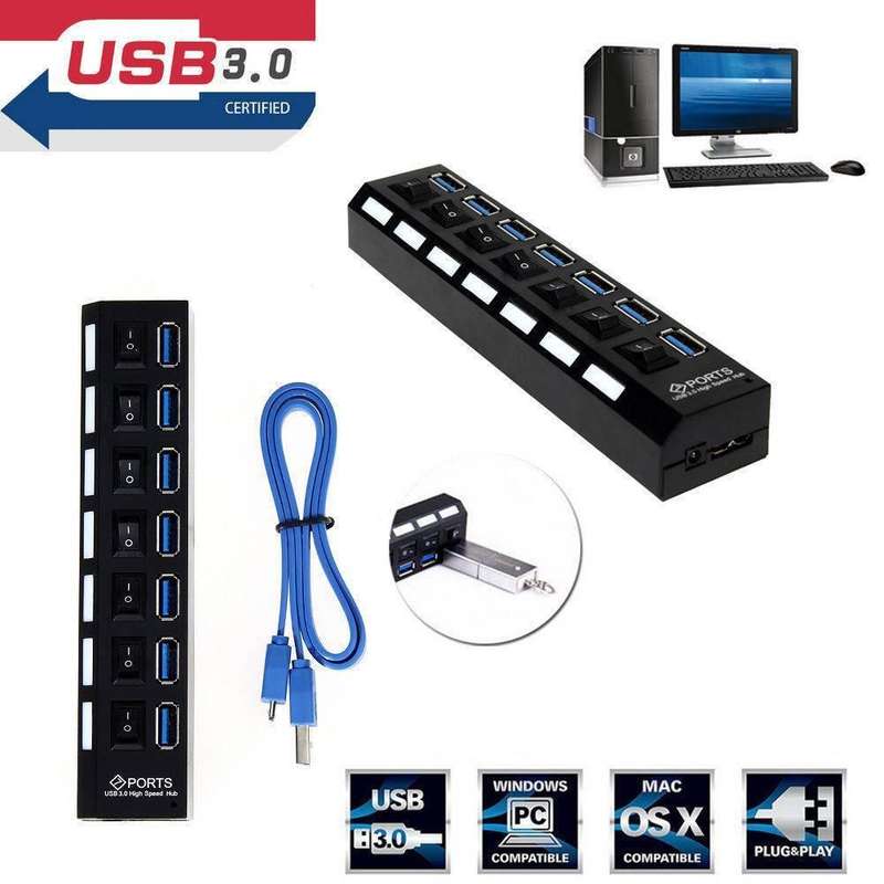 7 Ports USB 3.0 Hub with Independent Switch - Black colour