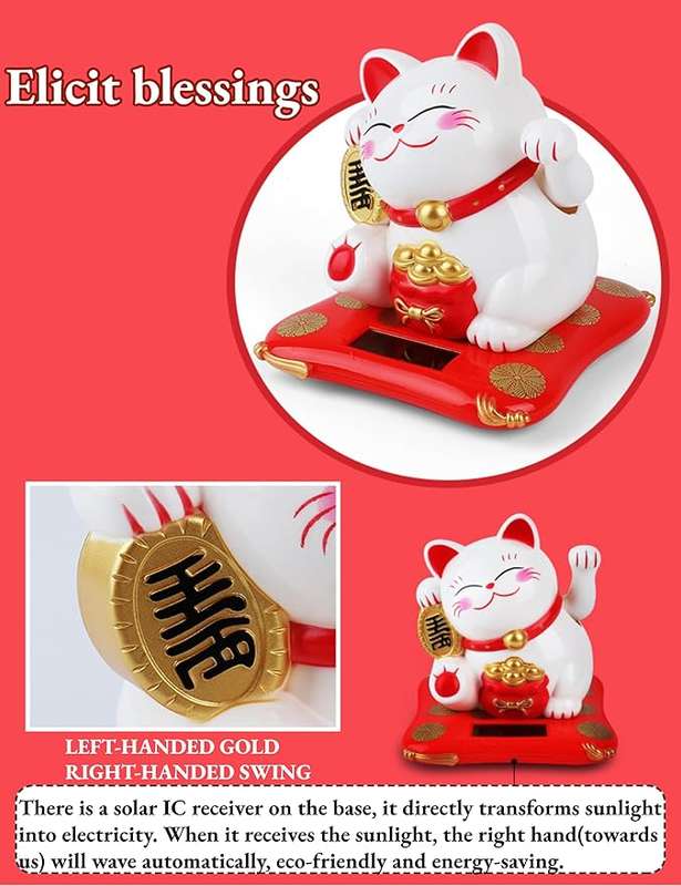 Solar Energy Powered Gold Beckoning Lucky Money Cat for Home Office and Car décor