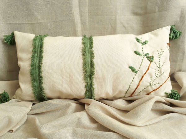 Lumber Cushion in Plain Natural Linen with Hand Embroided Design