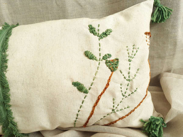 Lumber Cushion in Plain Natural Linen with Hand Embroided Design