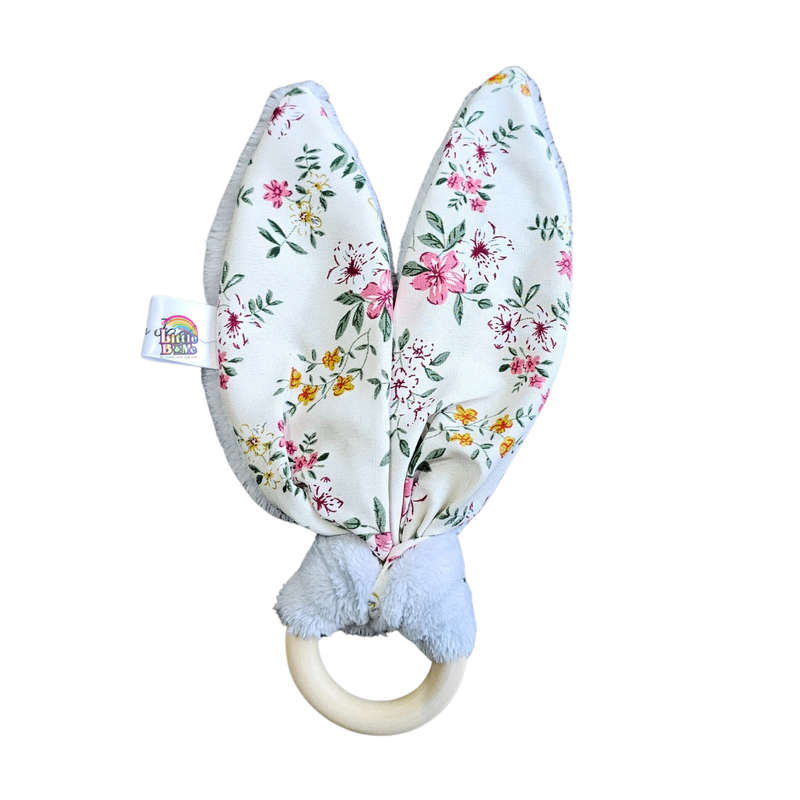 Personalized Grey and Floral Satin Bunny Teether