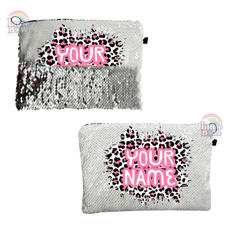 Personalized Sequin Cosmetic Bag- Pink Leopard
