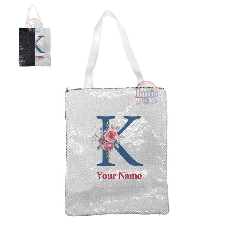 Personalized Sequin Tote Bag- Floral Alphabet