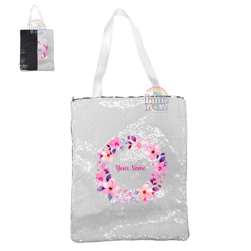 Personalized Sequin Tote Bag- Pink Floral