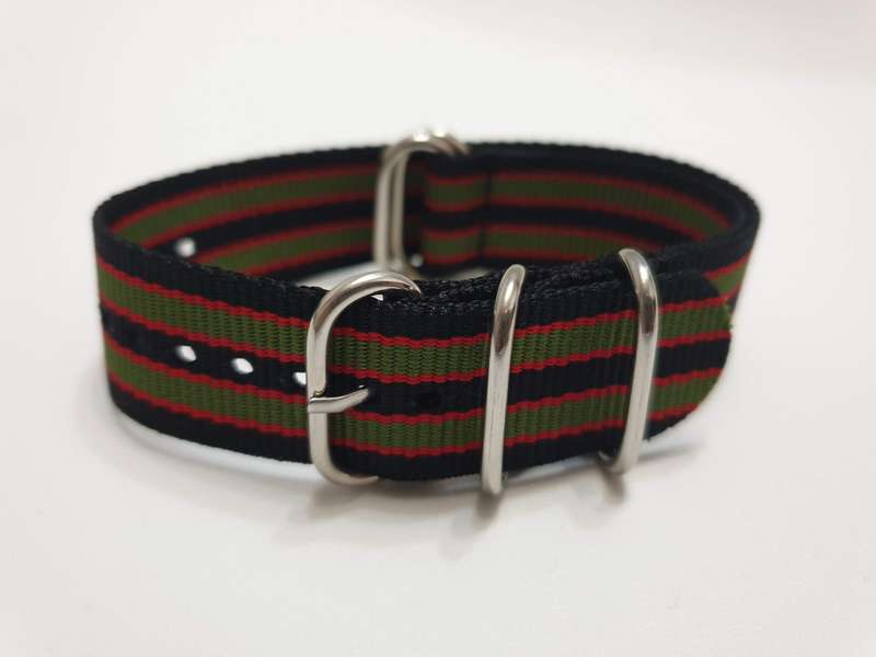 20mm Nato Watch Strap 5-Ring Black/Red/Khaki (Vintage Bond)