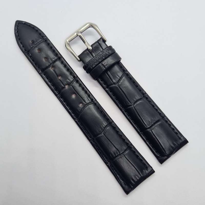 20mm Crocodile Pattern PU Leather Strap Black (Black Stitches)