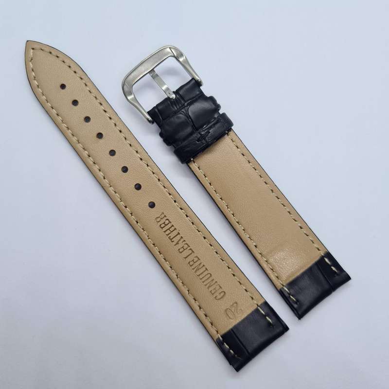 20mm Crocodile Pattern PU Leather Strap Black (Black Stitches)
