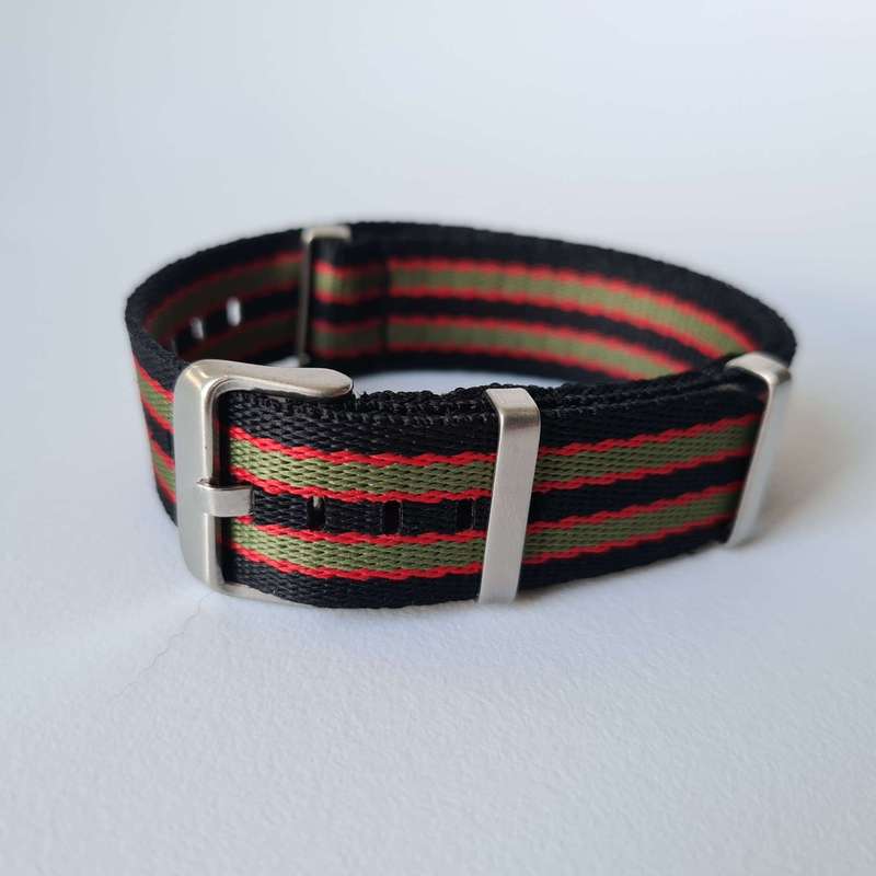 22mm Seat Belt Nato Watch Strap Black/Red/Khaki (Vintage Bond)