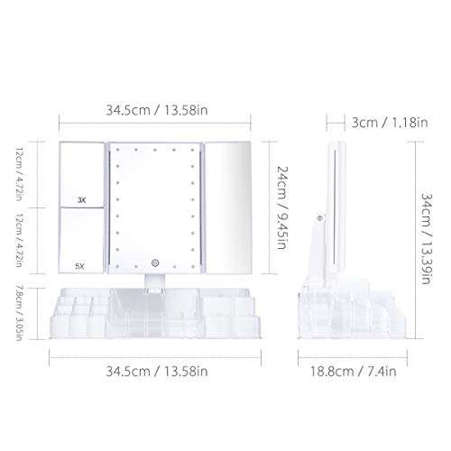 VICOODA Lighted Makeup Mirror with 21 LED Lights, Makeup Vanity Mirror with Acrylic Organizer, Trifold 3X 5X Magnification Sections, Touch Screen Dimming, Dual Power Supply, 180 Rotation