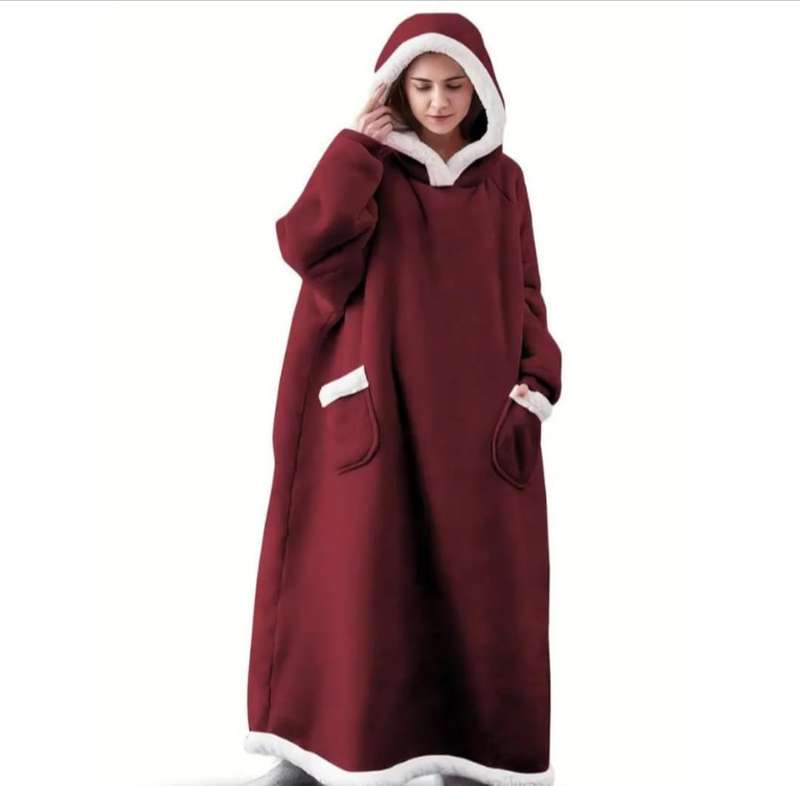 Extra Long Oversized Plush Blanket Hoodie - RED (BURGUNDY)