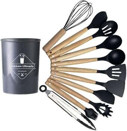 Wooden Handles Kitchen Utensils 12 pcs, Silicone Cooking Utensils Set Dishwasher Safe, up to 446°F
