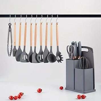 19-Piece Non-Toxic Silicone Cooking Utensils Set with Holder-GREY