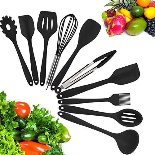 10 Piece Silicone Kitchen Utensil Set by Kuger, Nonstick &amp; Heavy Duty Silicone  Cooking Utensil Set(Black) | WantItAll