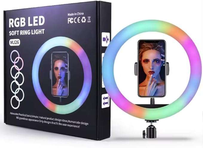 14 inch RGB ring light set with telescoping stand and phone holder