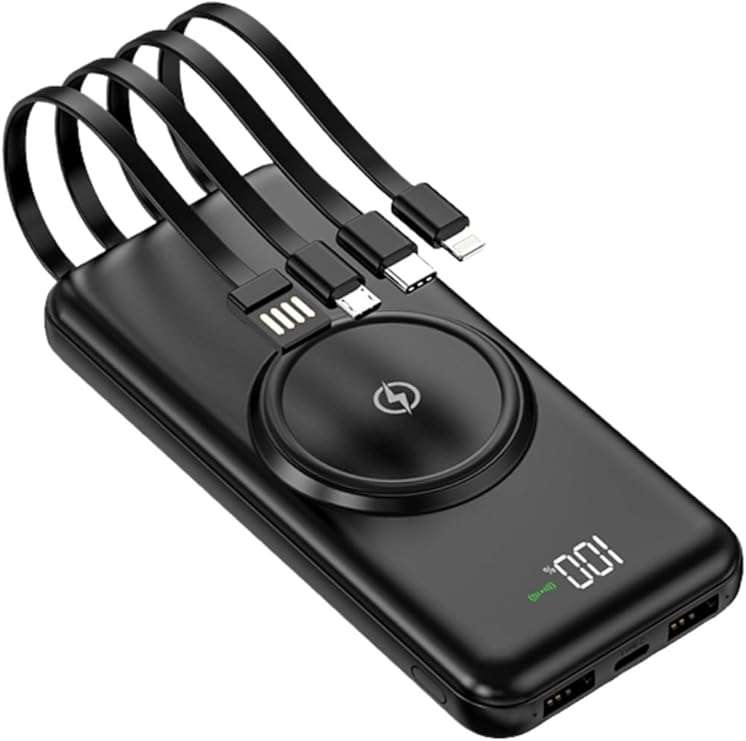 Portable Fast Charging Power Bank with Built-in Lightning &Type C cable - Black
