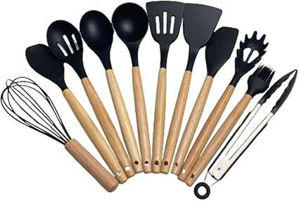 Wooden Handles Kitchen Utensils 12 pcs, Silicone Cooking Utensils Set Dishwasher Safe, up to 446°F