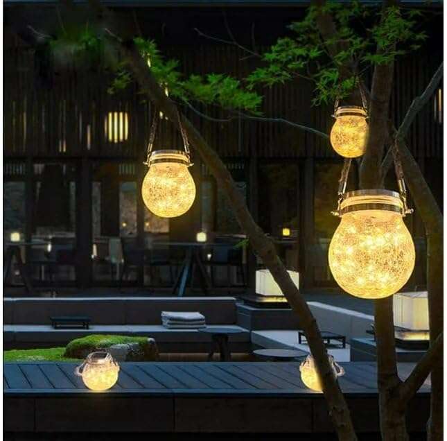 Solar Cracked Glass Hanging Lanterns with Handles  Set of 2