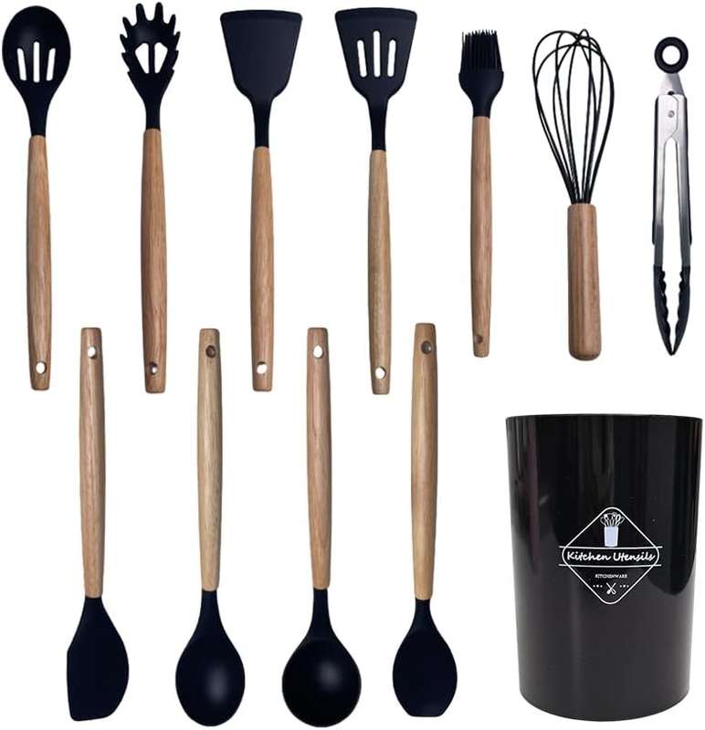 Wooden Handles Kitchen Utensils 12 pcs, Silicone Cooking Utensils Set Dishwasher Safe, up to 446°F
