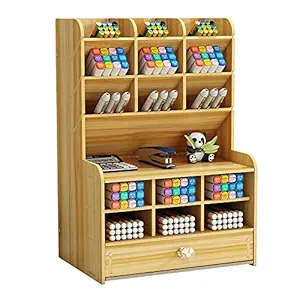 Wooden Desk Organizer with Drawer, Large Capacity DIY Pen Holder Storage Box Desktop Stationary Stor
