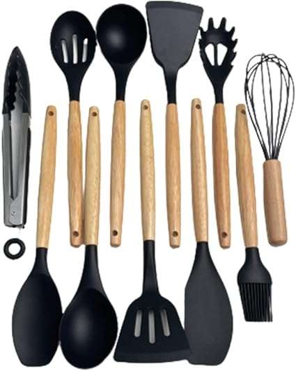 Wooden Handles Kitchen Utensils 12 pcs, Silicone Cooking Utensils Set Dishwasher Safe, up to 446°F