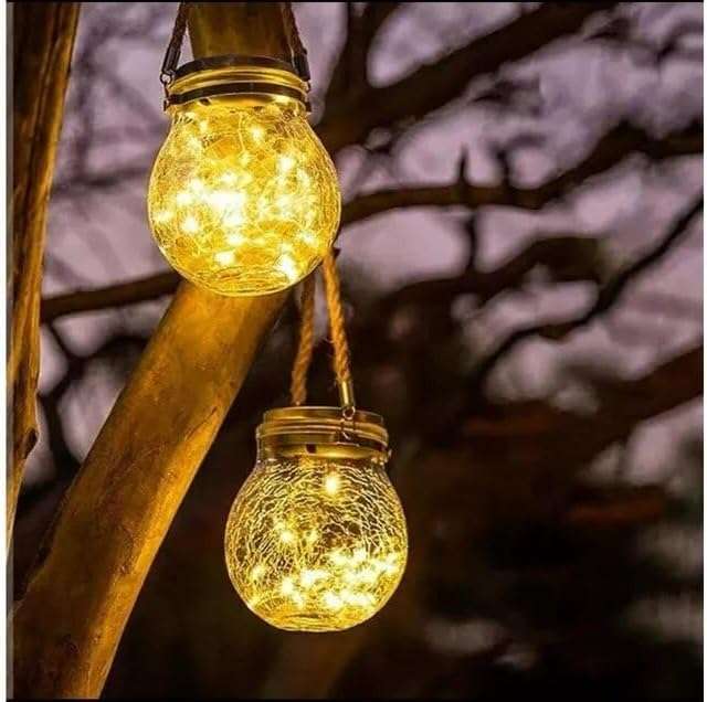 Solar Cracked Glass Hanging Lanterns with Handles  Set of 2